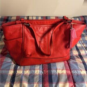 Red Leather Coach Tote with zipper closure
